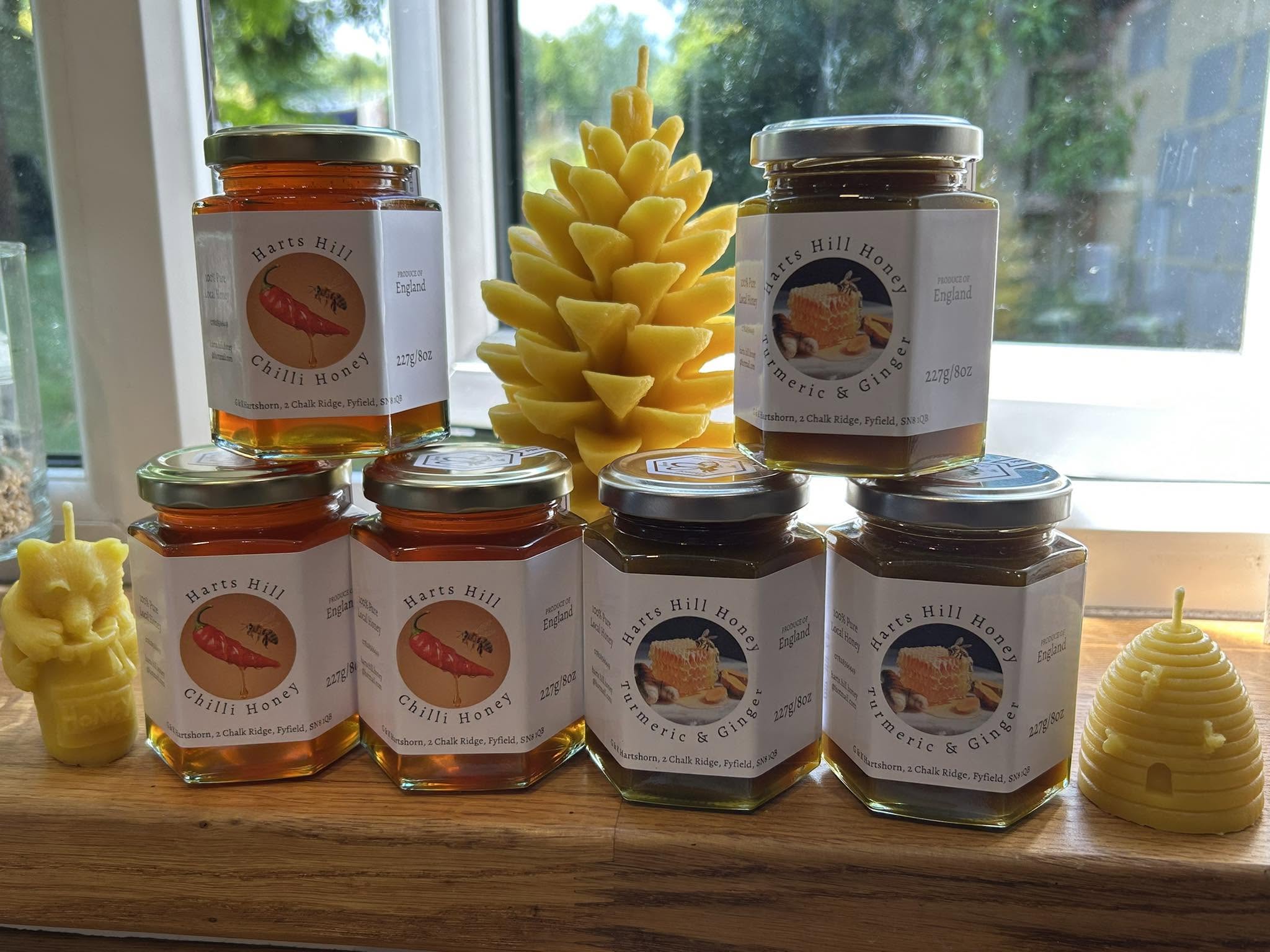 Chilli honey alongside turmeric and ginger honey